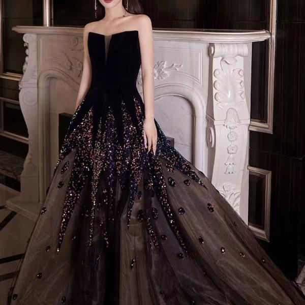 Gilded evening gown, luxury prom dress, black shiny graduation dress strapless prom dress