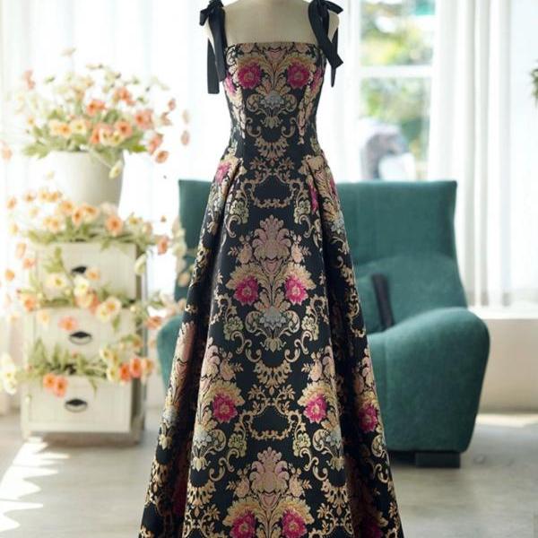 Spaghetti strap prom dress ,floral jacquard evening dress vintage party dress black dress