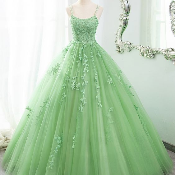 Spaghetti strap prom dress ,fresh lace evening dress sweet 16 light green ball gown dress