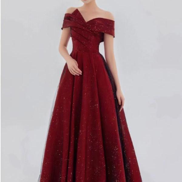 Burgundy prom dress off shoulder elegant tulle evening dress charming glitter party dress