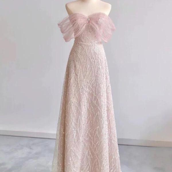 Pink prom dress off shoulder fairy evening dress luxury shinny party dress