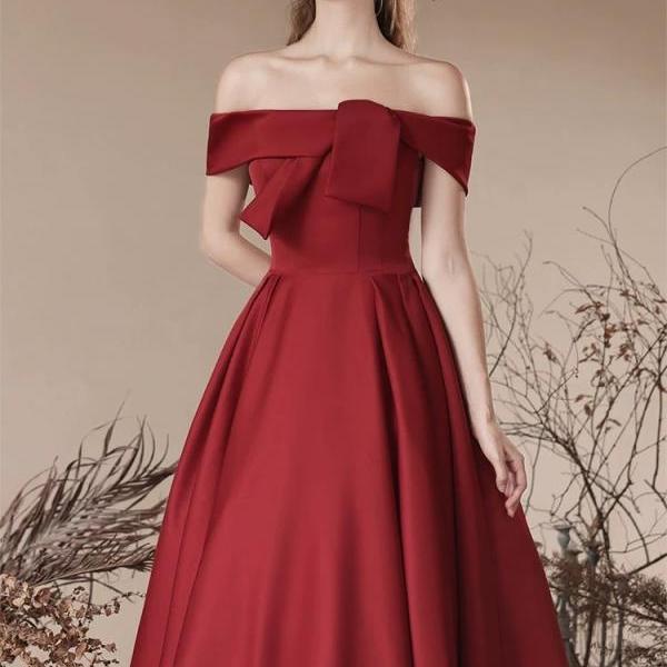 Burgundy prom dress off shoulder elegant satin evening dress 