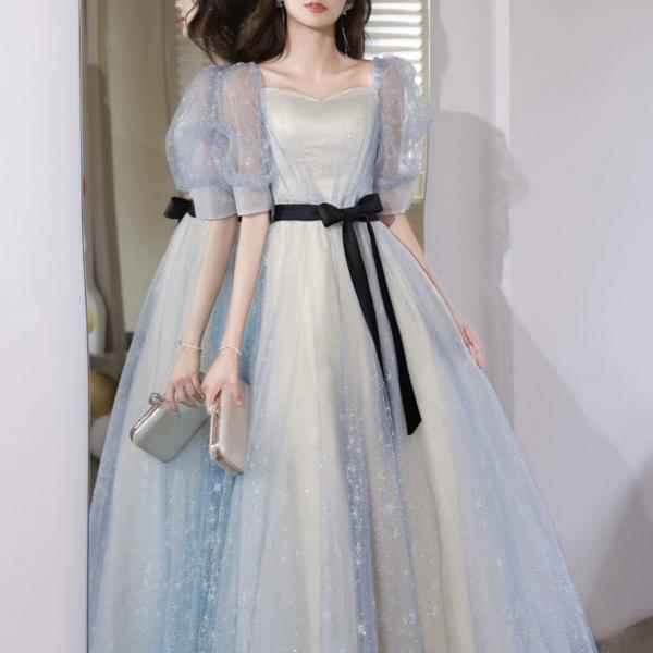 Blue Off Shoulder Tulle Long Formal Evening Dress, Fairy A-Line Prom Dress