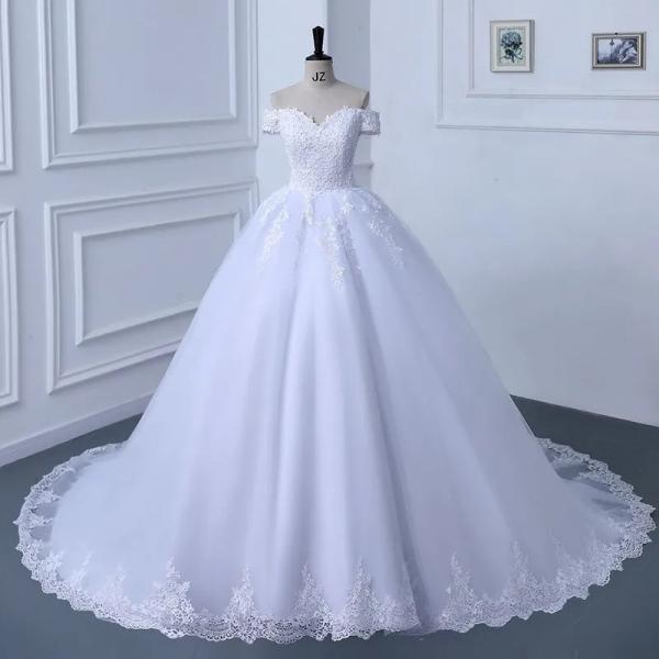 Elegant Off-Shoulder Lace Bridal Ball Gown Wedding Dress