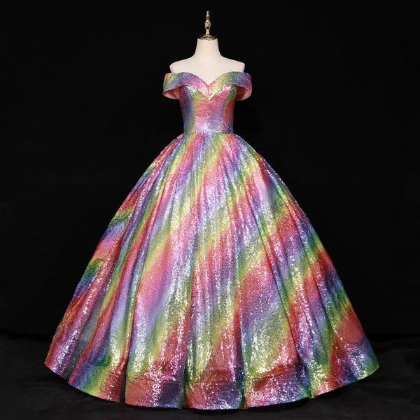Off-Shoulder Rainbow Glitter Ball Gown Evening Dress