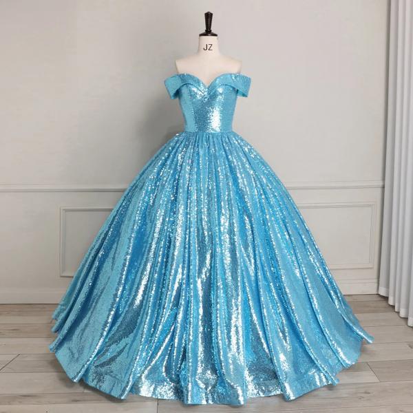 Off-Shoulder Sparkling Blue Sequin Ball Gown Dress