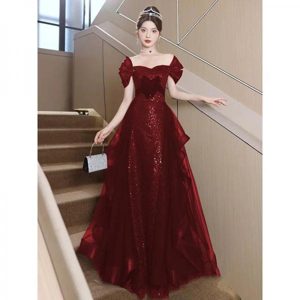Elegant Off-Shoulder Sequin Red Evening Gown with Train