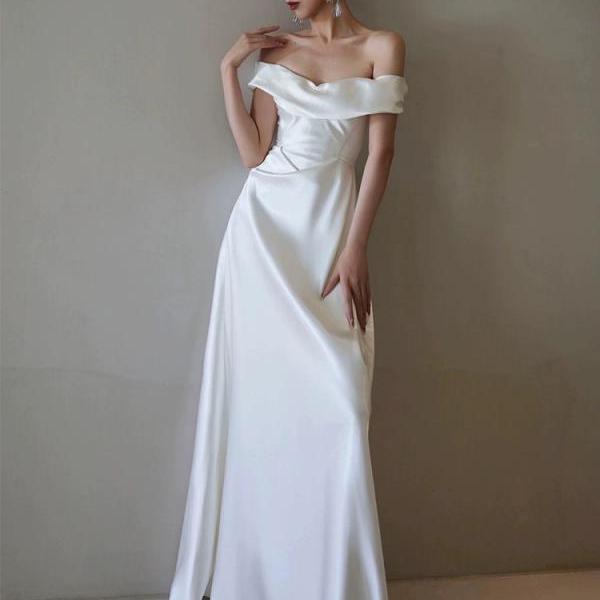 Off shoulder wedding dress, white wedding dress, elegant bridal dress,satin wedding dress