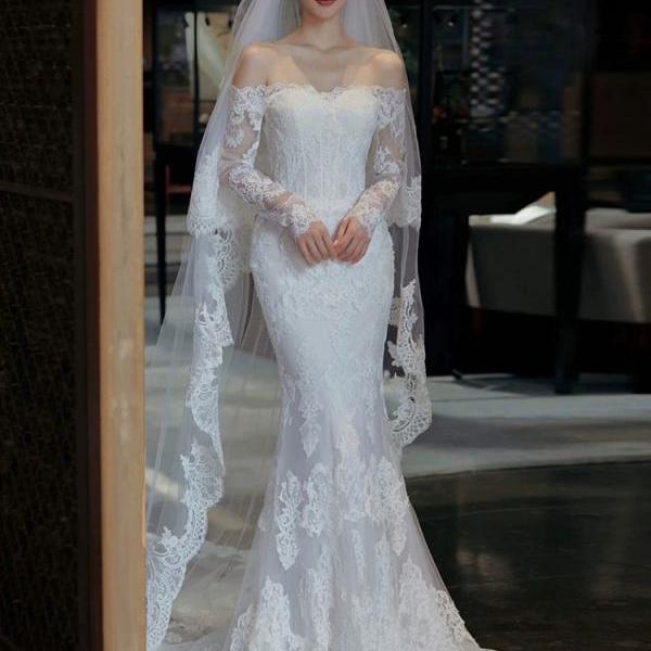 Long Sleeve Tulle wedding dress, off-shoulder wedding dress, temperament mermaid lace dress