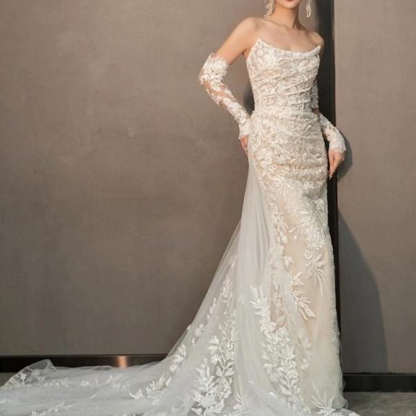Luxury wedding dress, strapless wedding dress, temperament mermaid lace dress