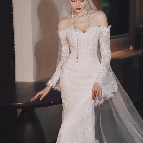 Long Sleeve Tulle wedding dress, off-shoulder wedding dress,luxury mermaid lace dress