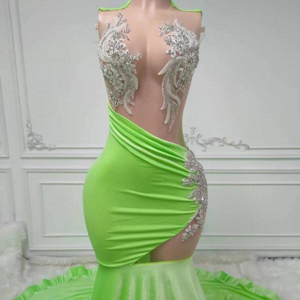 Dazzling Neon Green Dress With Lace Detailing on Luulla