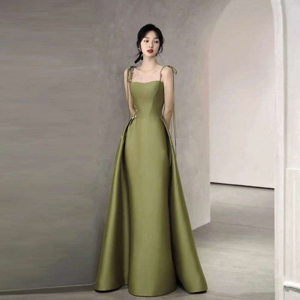 Simple Green Spaghetti Straps Satin Long Party Dress Evening Dress cc2879