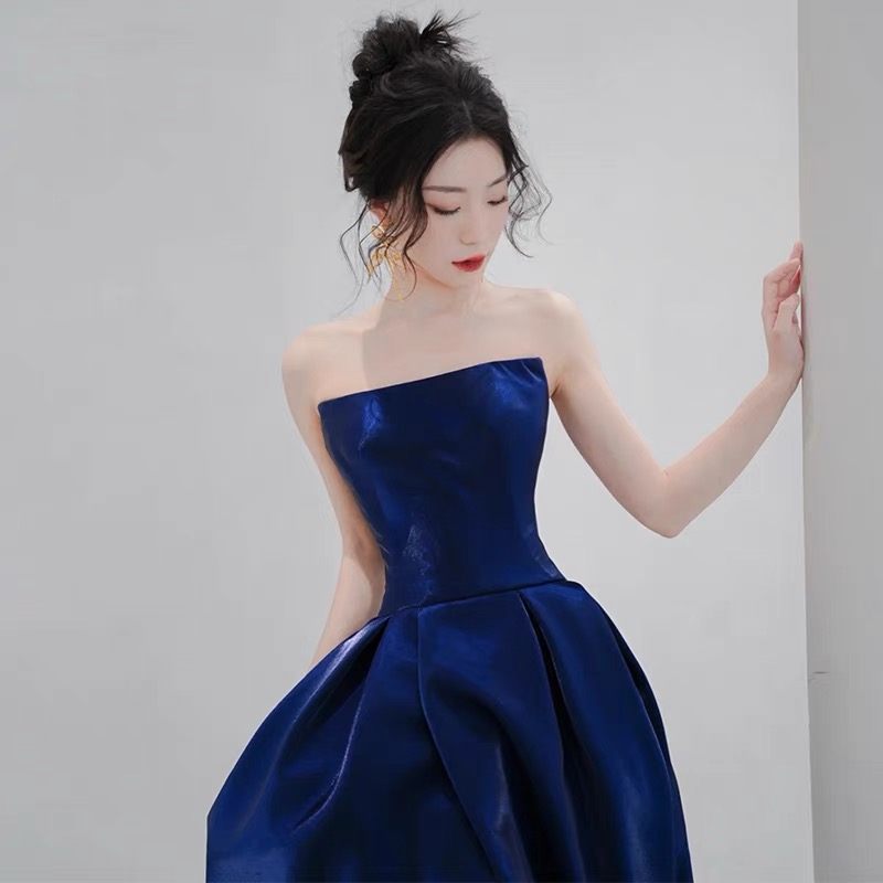 Blue Cocktail Party Dress Sleeveless Satin Zipper Back Fashionable