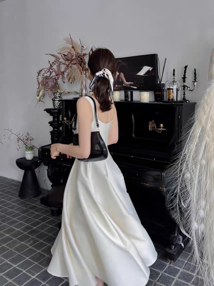Simple Spaghetti Straps Lace Satin White Long Prom Dress Birthday Party Gown SP201