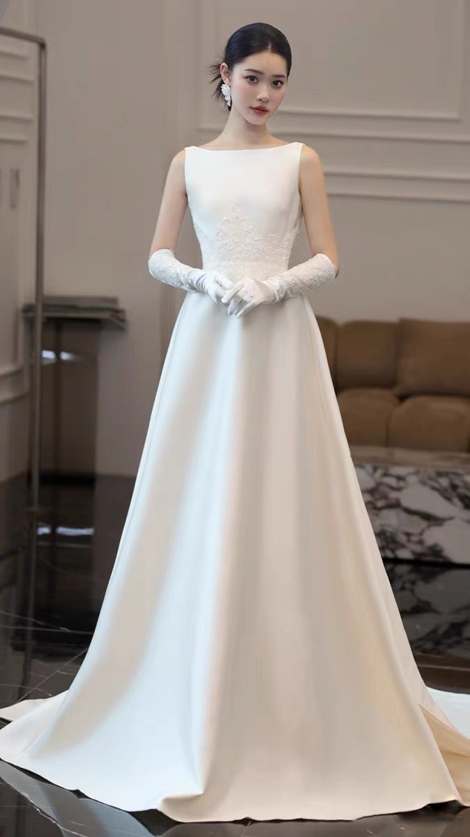 O-neck Prom Dress,satin Bridal Dress,white Wedding Dress,elegant ...