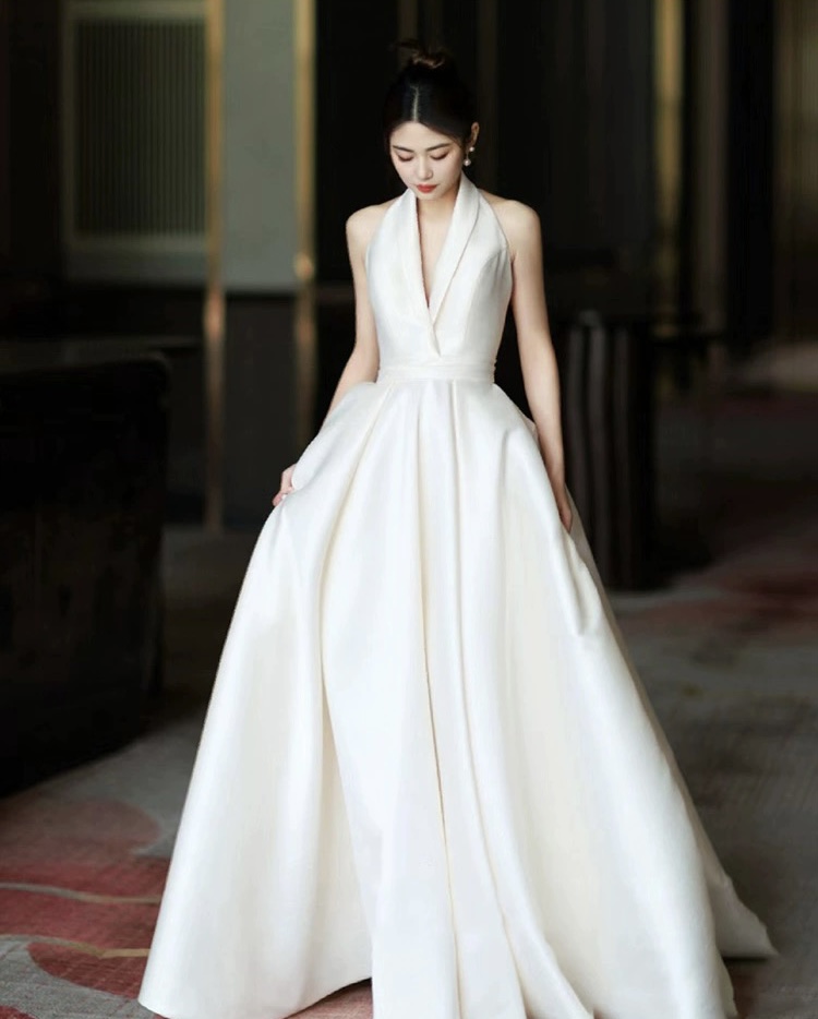 Pleated Halter Neck Wedding Gown White main image 1
