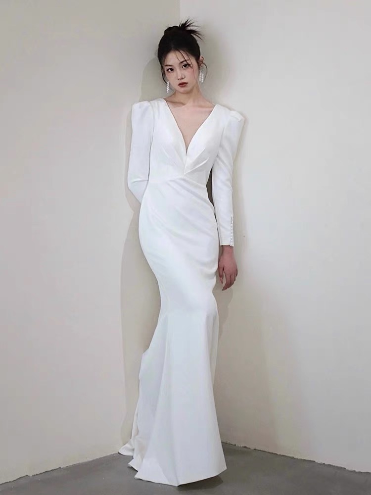 High Low V-neck Satin Lace White Wedding Dress
