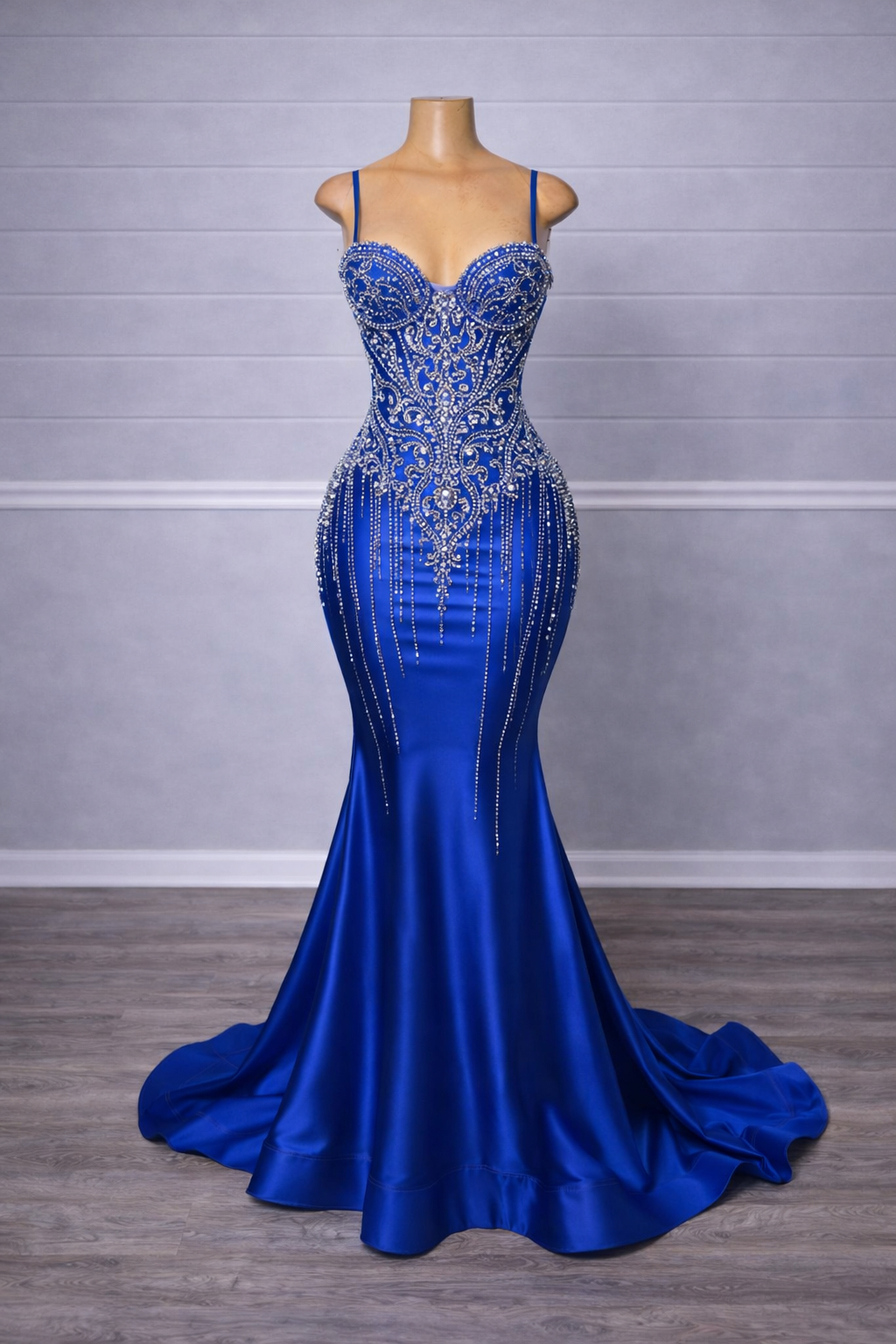 Royal Blue Crystal Beaded Corset Mermaid Satin Prom Gown With Train on ...