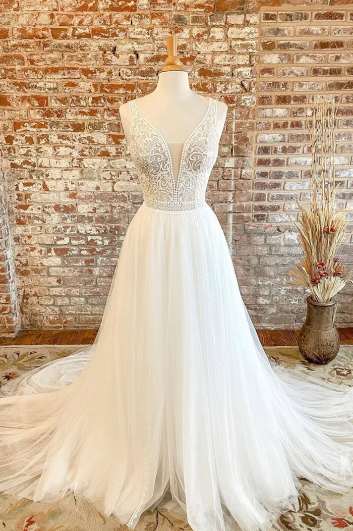 A-Line Tulle Lace Tea Length White Prom Dress, White Long Formal Dreess main image 0