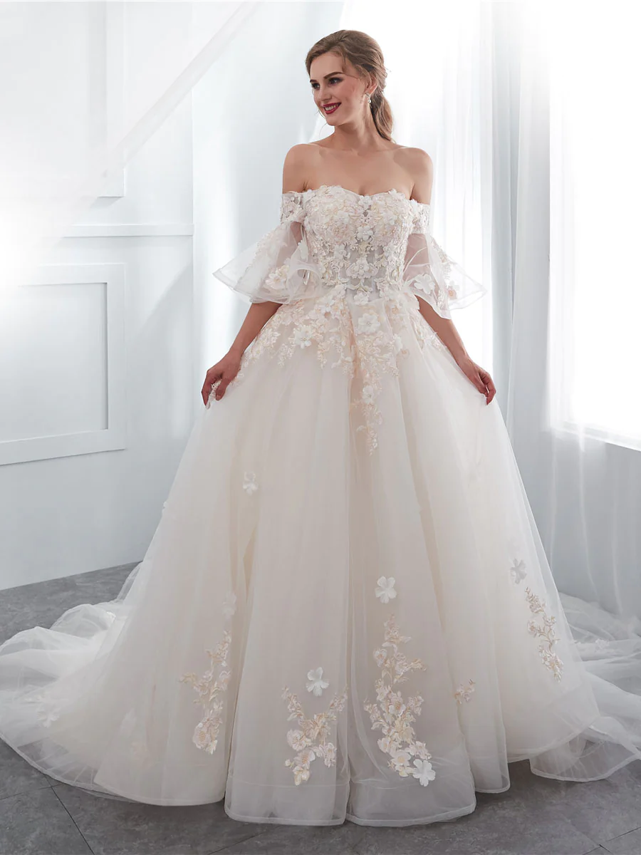 Ivory Long Lace Wedding Dress, Ivory Tulle Lace Wedding Gown on Luulla
