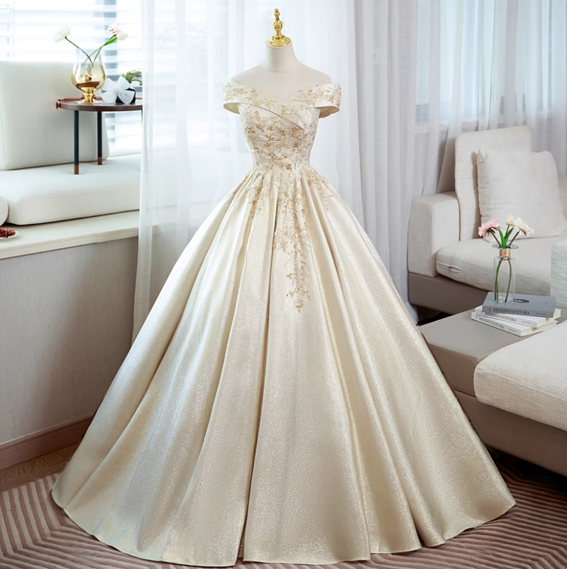 Ball dress satin wedding dress detachable shawl rural style bride dress main image 1