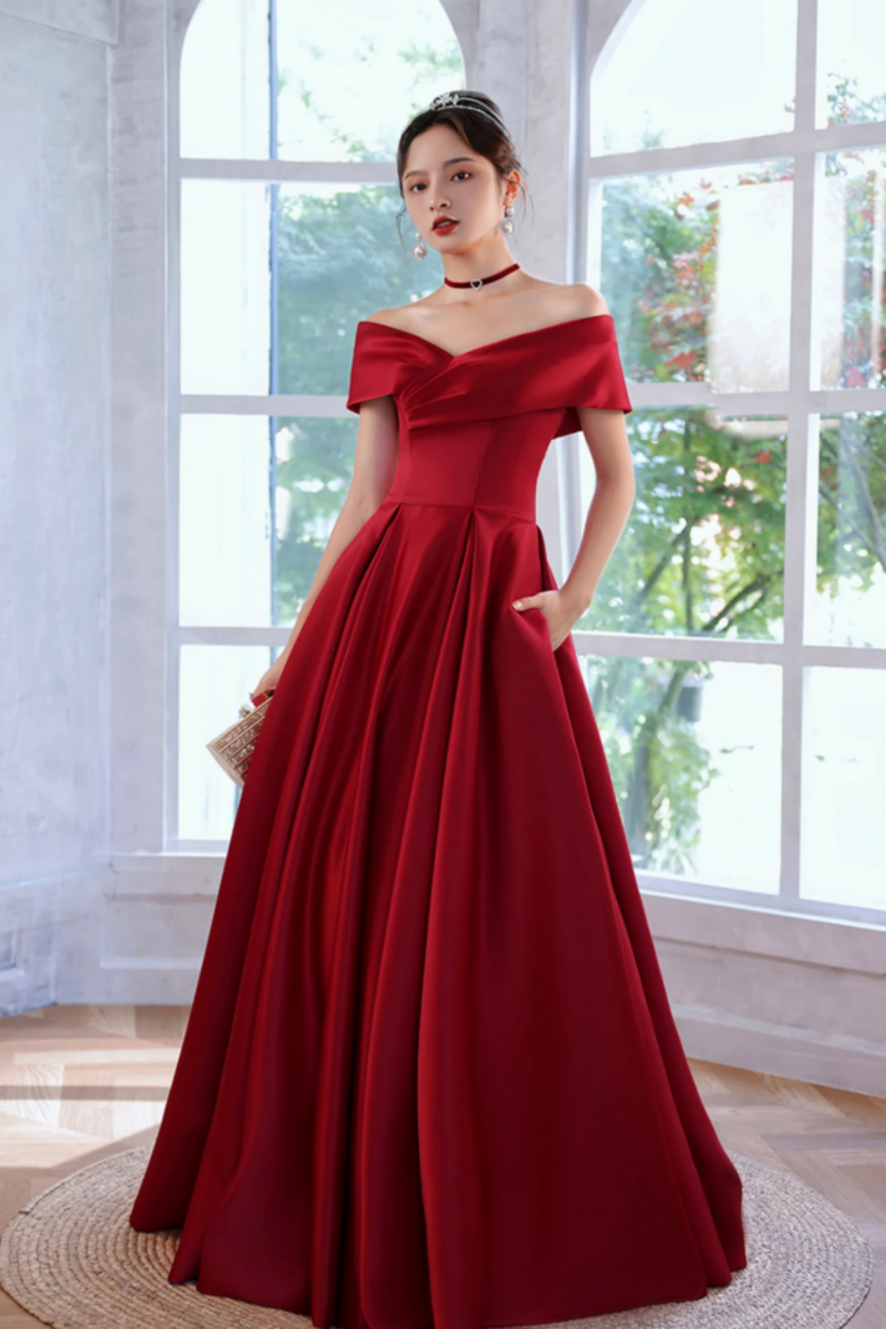 Elegant A line Off The Shoulder Red Satin Party Dress Prom Dresses Evening Dress