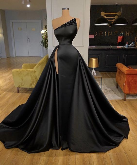 Elegant Halter Black Floor Length Wedding Guest Dress with Split main image 1
