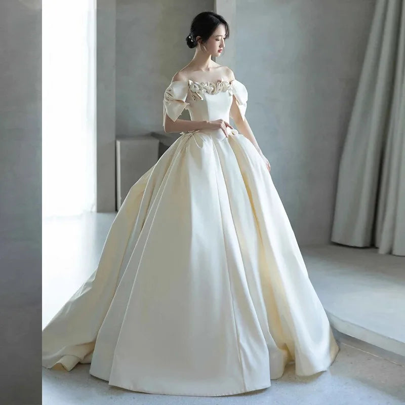 Elegant Ball Gown Off The Shoulder Satin With Veil Long Wedding Dresses C4285 main image 1