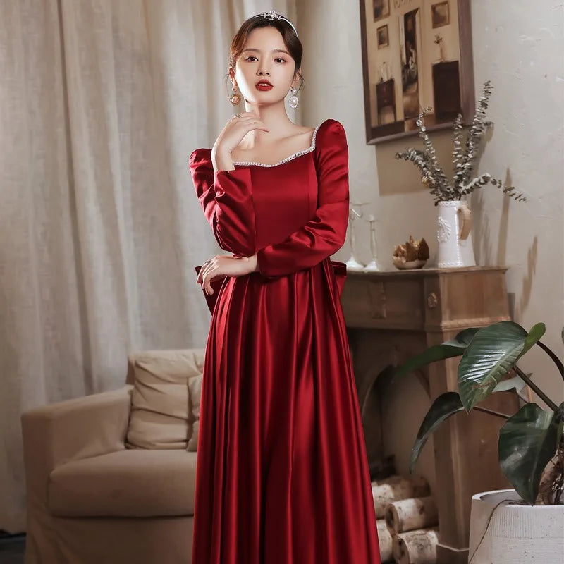 Velvet Off-Shoulder V-Cut Neck Long Sleeve Gown Pearl Pink
