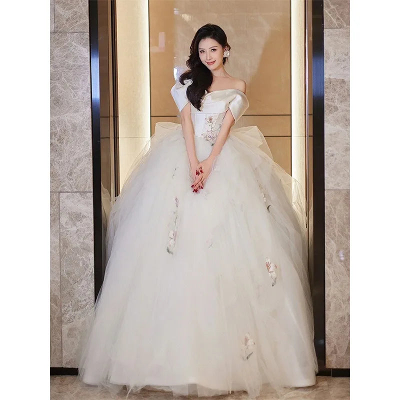 White Ball Gown Off the Shoulder Organza Luxury Wedding Dress