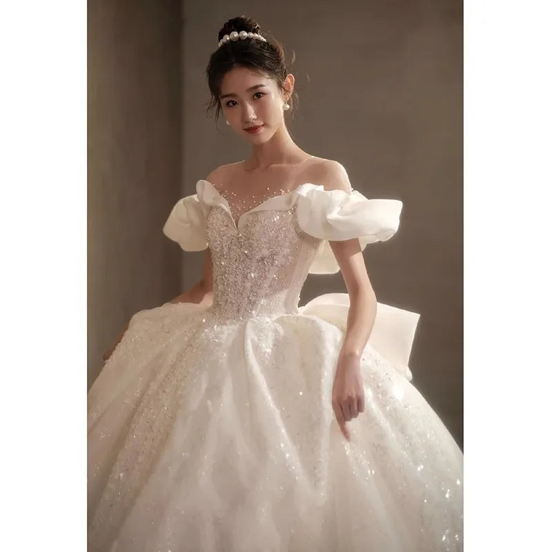 Ruffle Off Shoulder Gown with Bead Accents