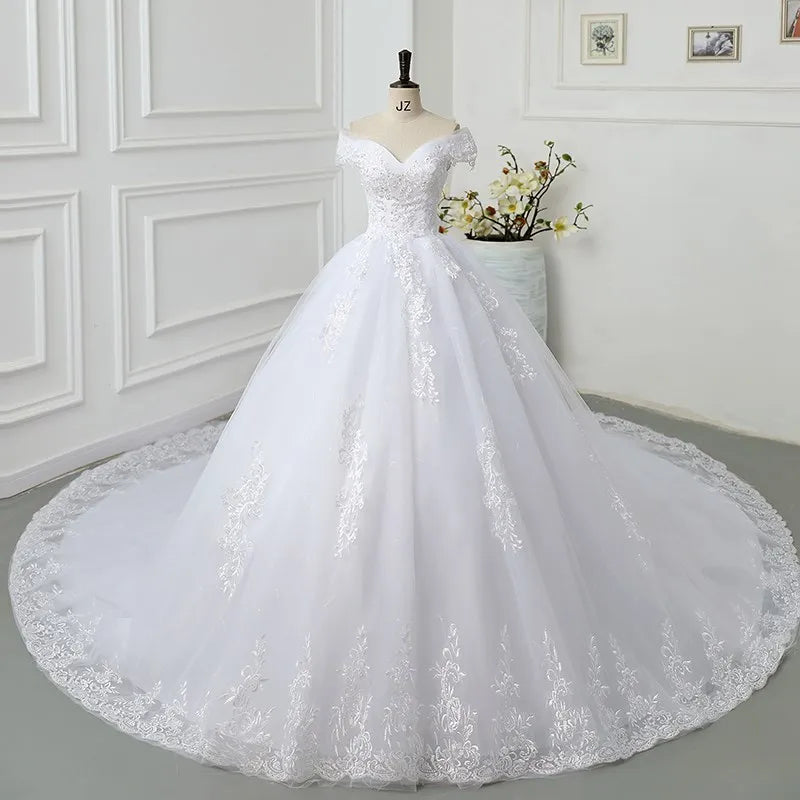 Elegant Off-shoulder Lace Bridal Gown With Train on Luulla