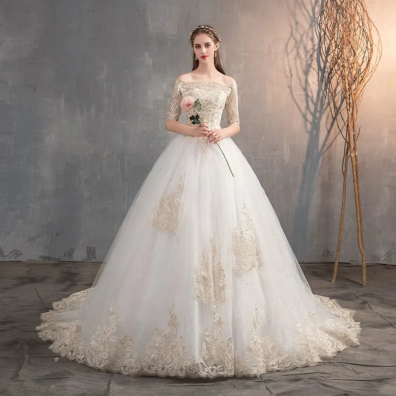 Elegant Off-shoulder Lace Bridal Gown With Train on Luulla