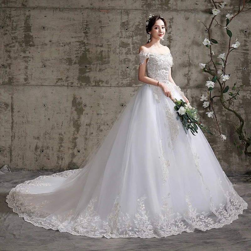Elegant Off-shoulder Lace Bridal Gown With Train on Luulla