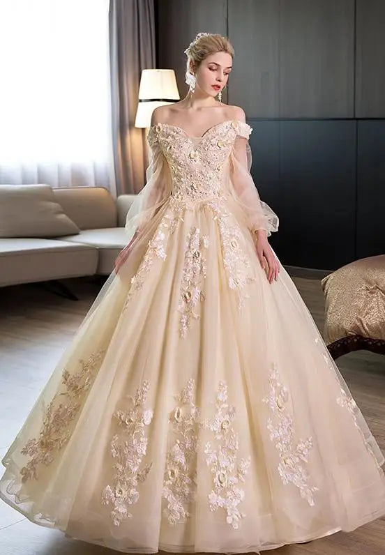 Off-the-Shoulder Ball Gown with Beaded Bustier and High Slit Turquoise main image 1