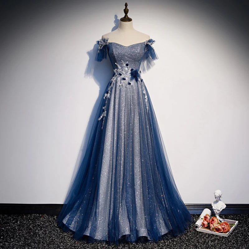 Elegant Off-shoulder Sparkling Blue Tulle Evening Gown on Luulla