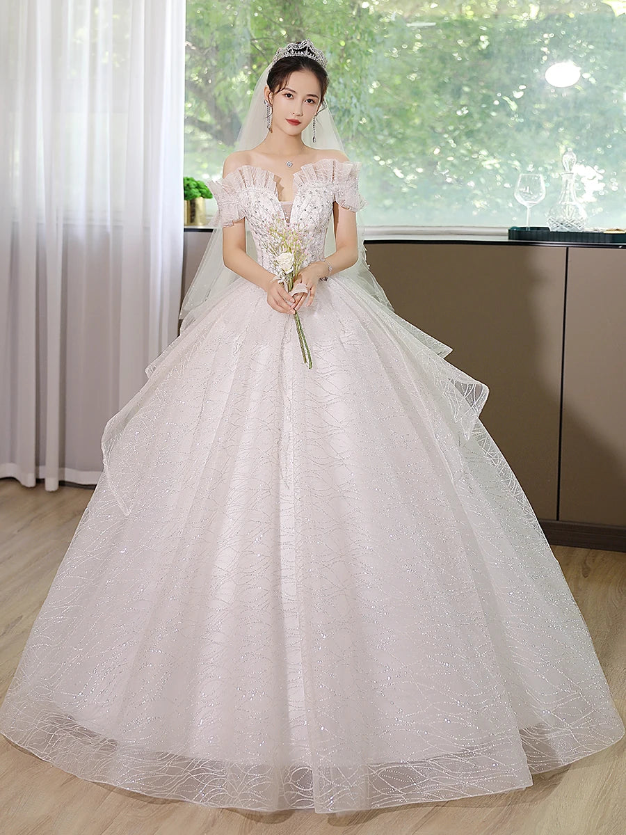 Elegant Off-shoulder Lace Bridal Gown With Train on Luulla