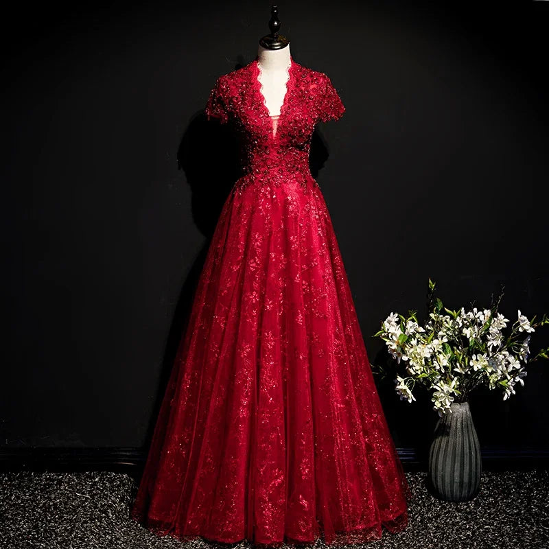 Classy Red V Neck Long Sleeves Evening Dress Party Gown Y7223 main image 1