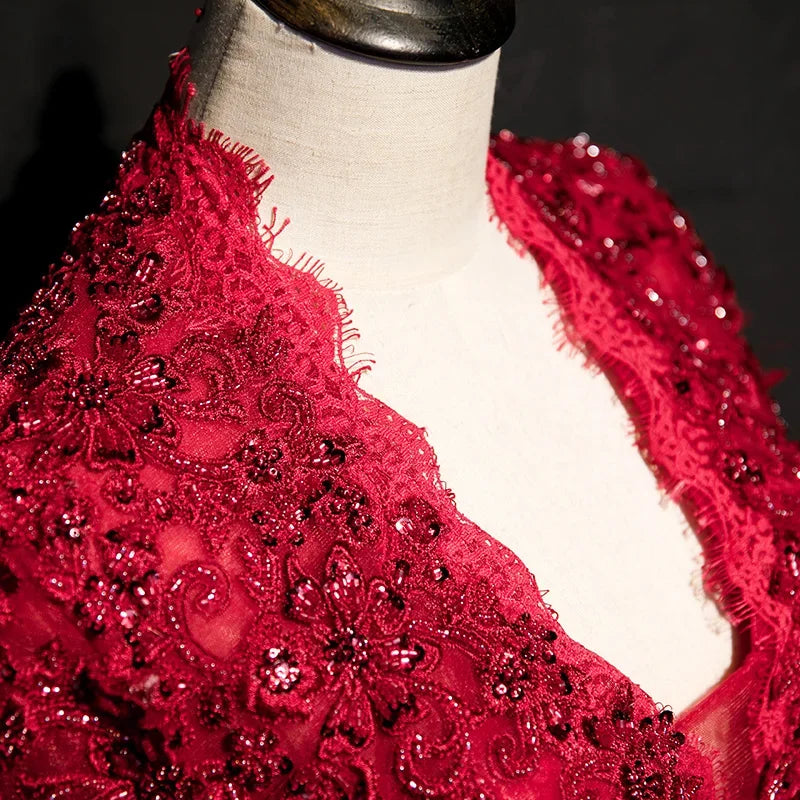 Deep Red Europa Gown with lace up back for hire