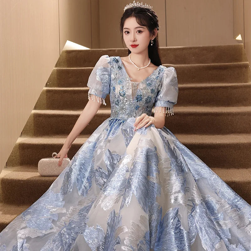 Elegant Blue Floral Tulle Evening Gown With Sleeves on Luulla