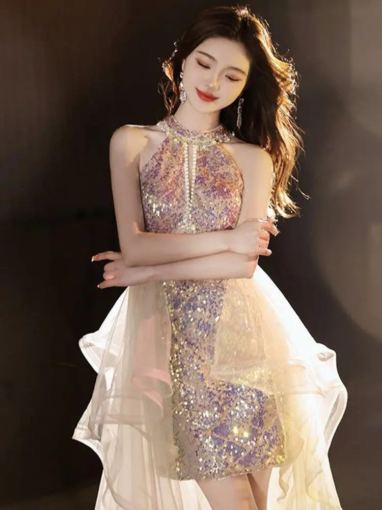 Elegant Satin Pleated Halter-Neck Evening Gown