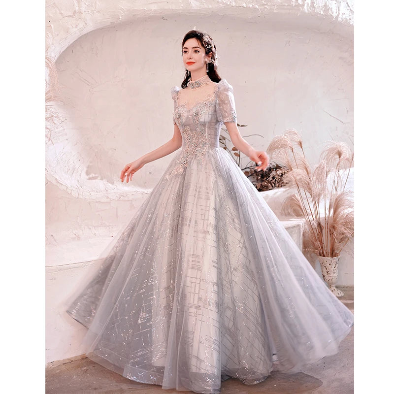 Elegant Sequined A-line Evening Gown With Sheer Sleeves on Luulla