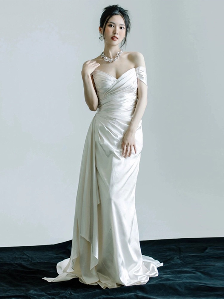Sexy Off-The-Shoulder Satin Side Slit Wedding Dresses