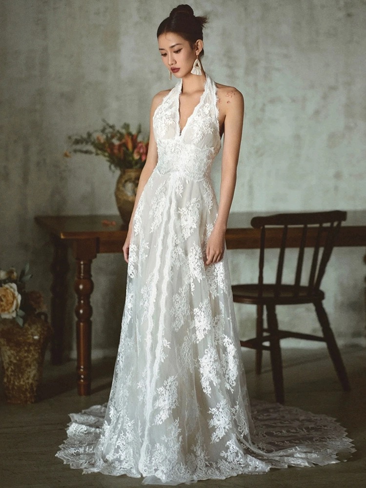 Halter Neck Wedding Dress, White Tulle Wedding Dress, Backless Lace ...