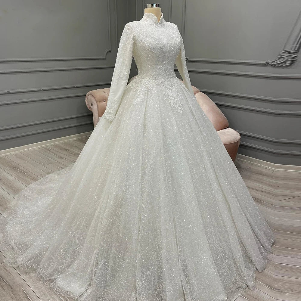 Long Ball Gown Lace-Up Sparkling V-Neck Wedding Dress with Sleeves main image 0
