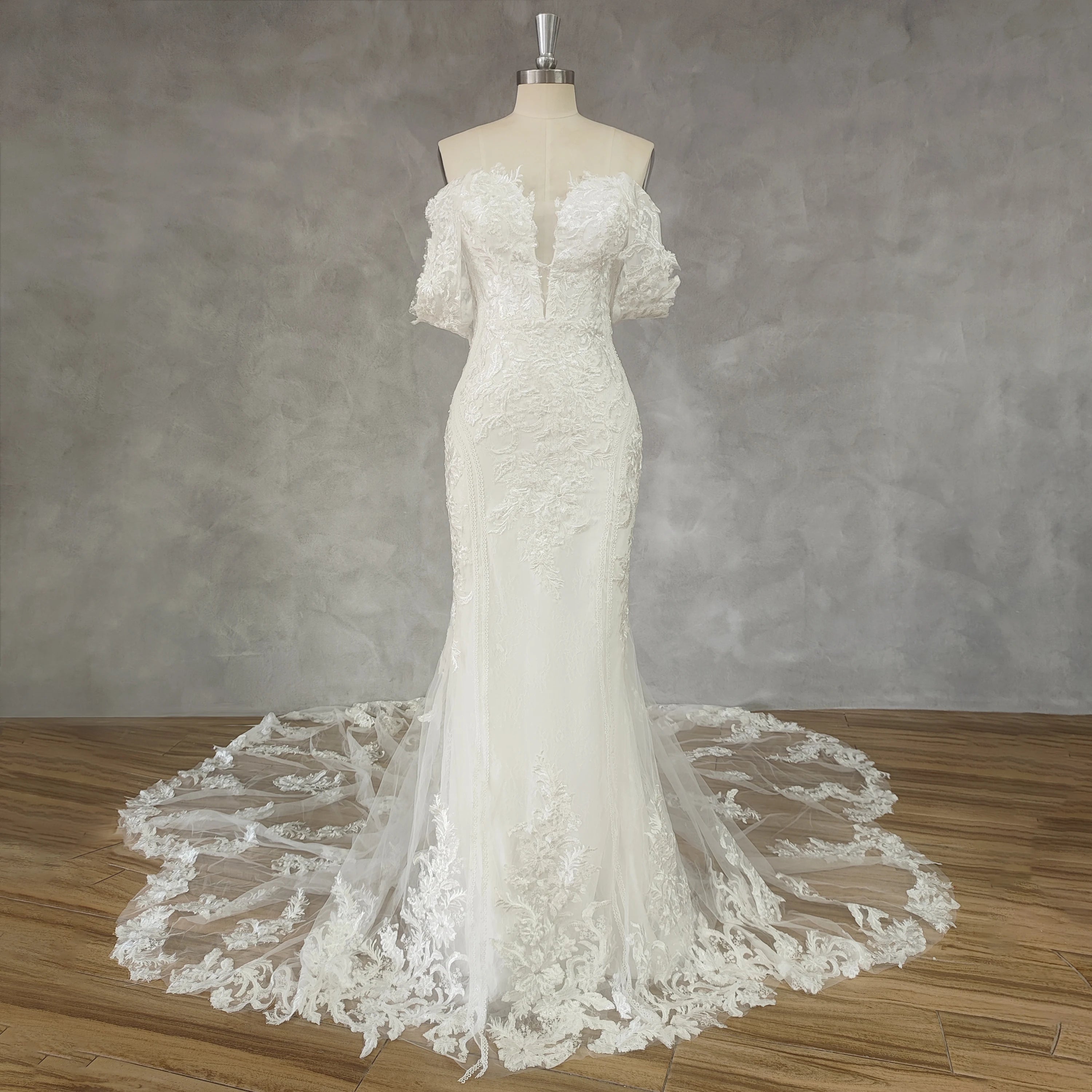 Luxe A1014 Off Shoulder Floral Lace Wedding Gown with Flowing Train