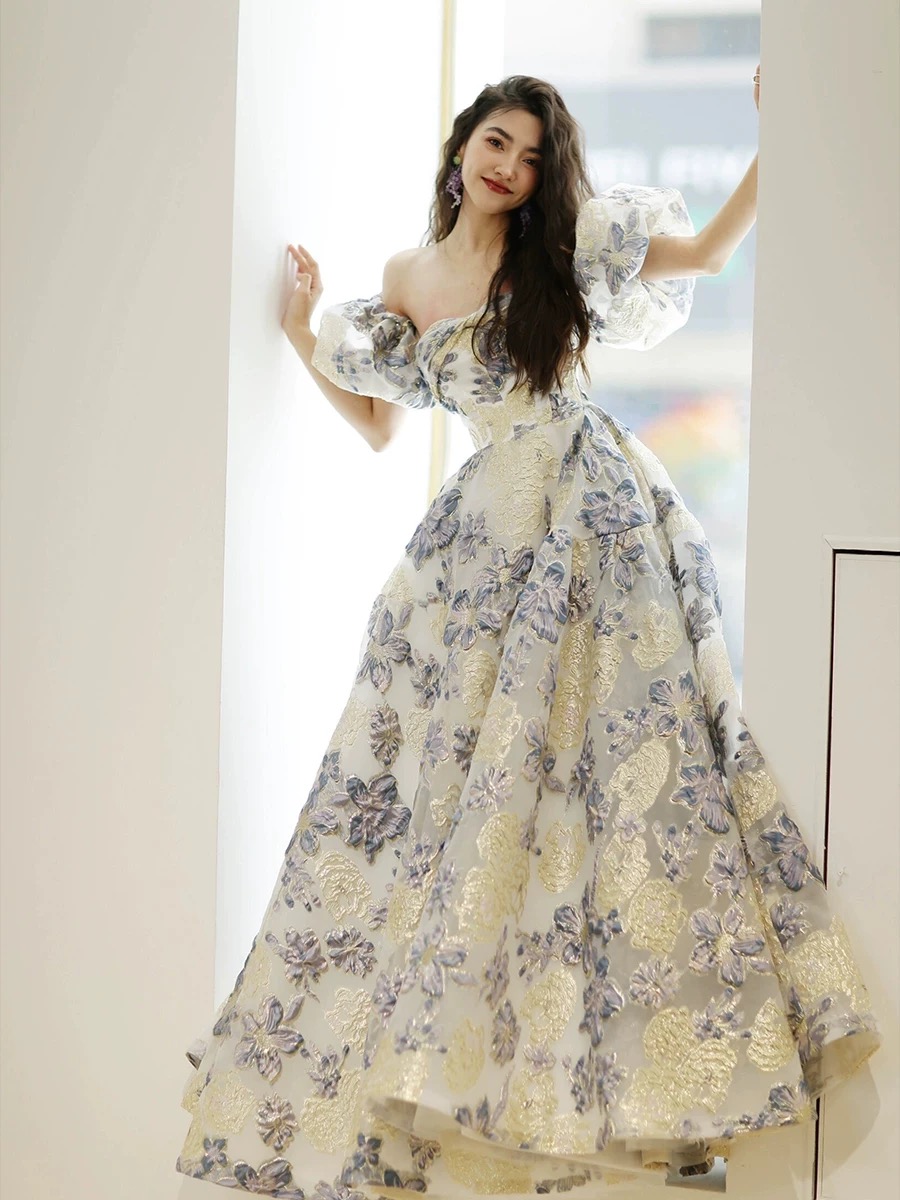 Elegant Off-shoulder Gown With Puff Sleeves And Floral Design on Luulla
