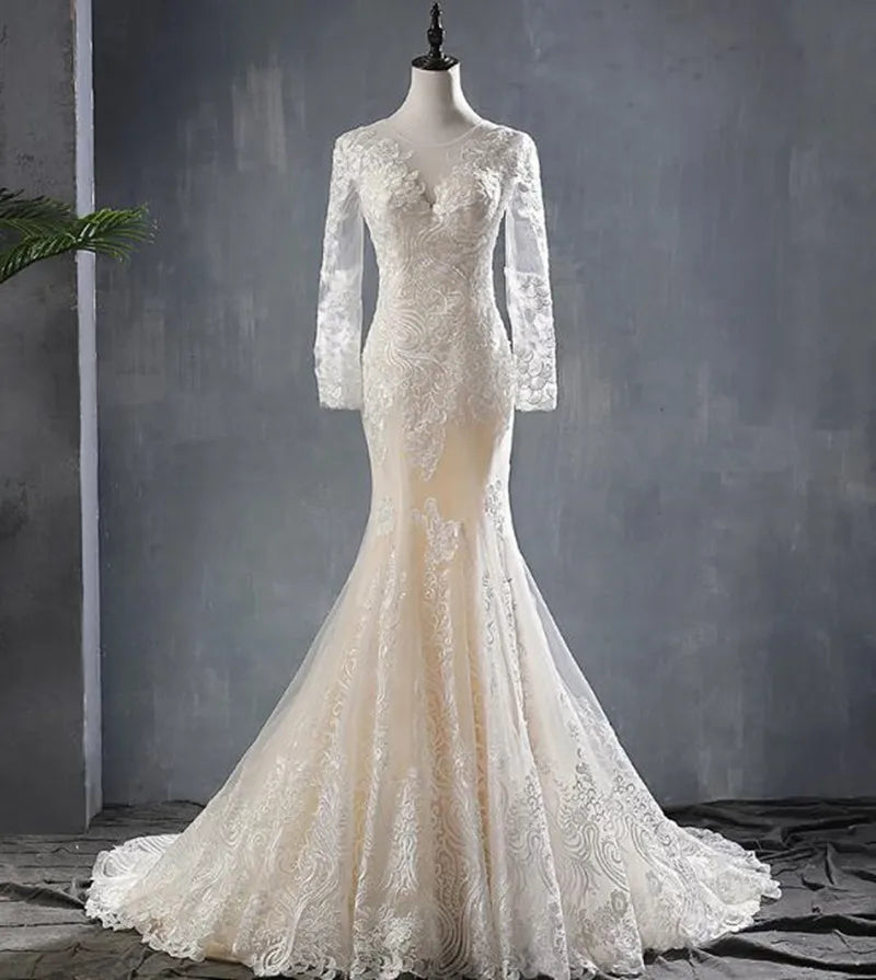 Gorgeous Mermaid Lace Wedding Dress Chapel Train Long Sleeves Appliques Bridal Gowns