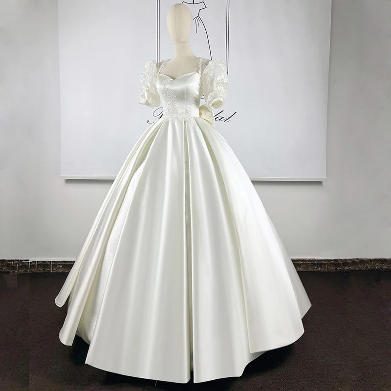 Satin V-Neck Gown with Puff Sleeves and Bow Orchid